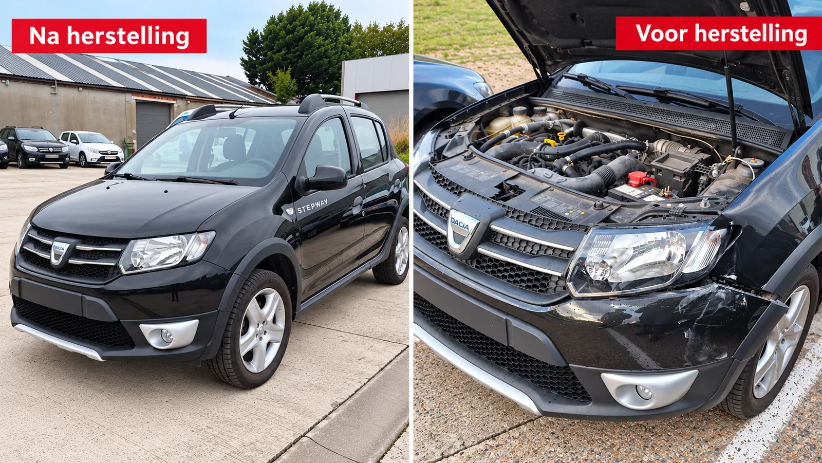 Dacia Sandero Stepway carrosserieherstelling bij Garage Peter: voor en na de herstelling