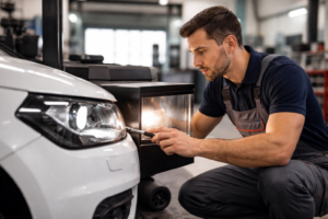 Monteur stelt lichten af tijdens keuring van wagen bij Garage Peter in Bredene